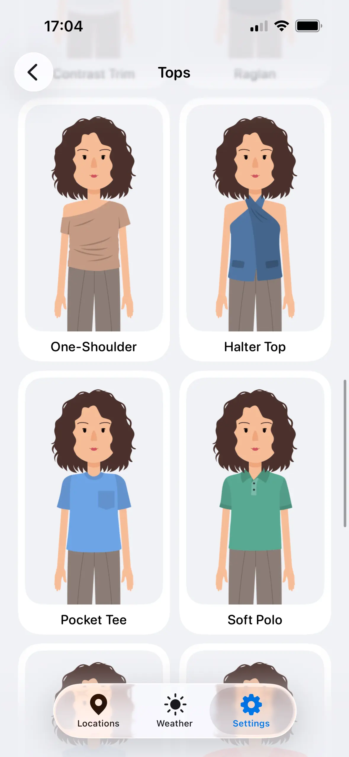 Weather Fit wardrobe screen with clothes by category