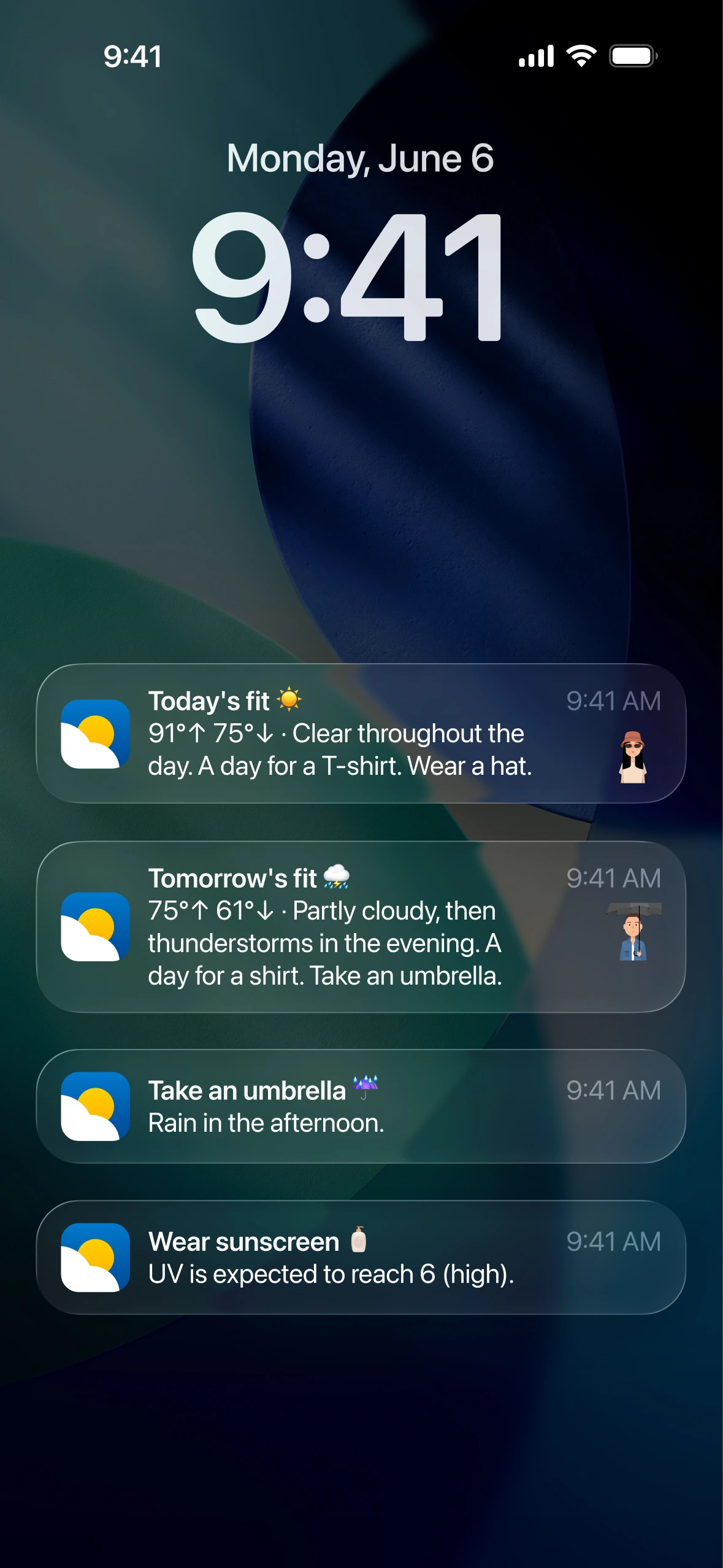 iPhone lock screen showing Weather Fit notifications: a morning outfit report, an evening report, an umbrella reminder, and a sunscreen reminder