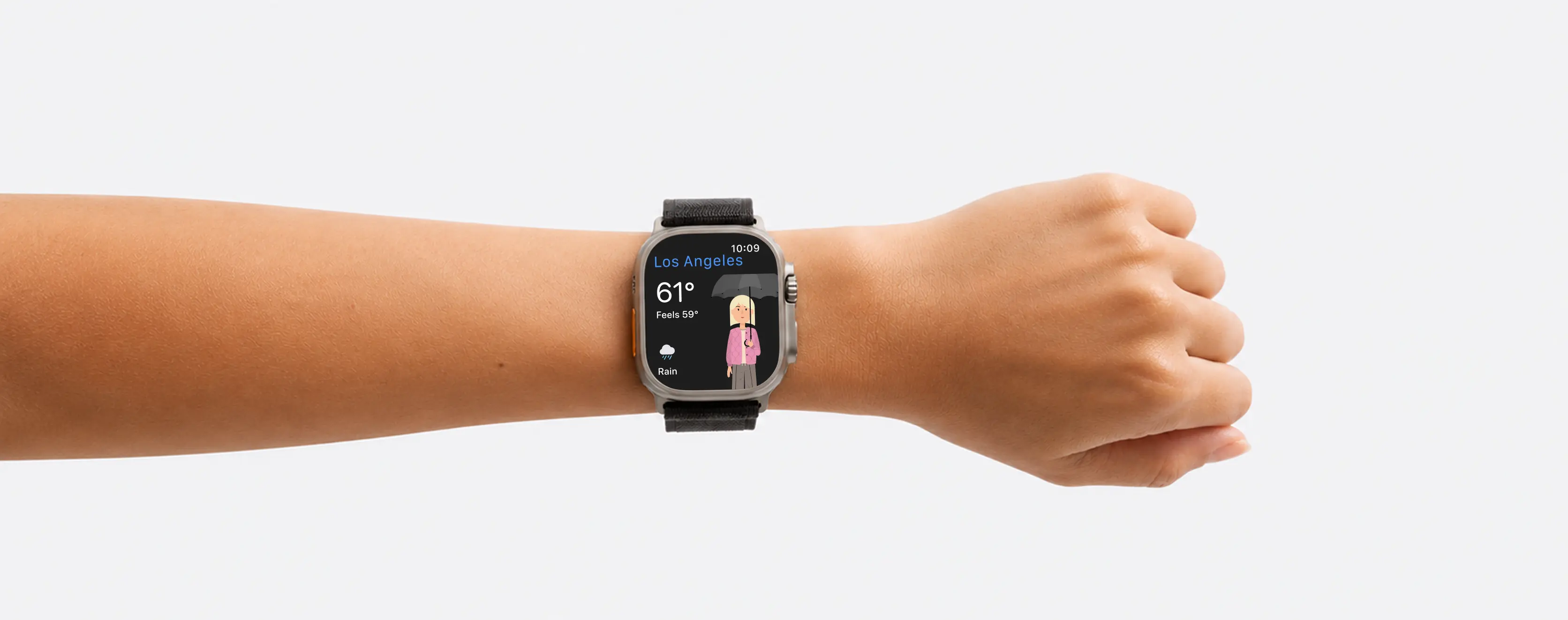 Weather Fit Apple Watch app showing outfit character and temperature