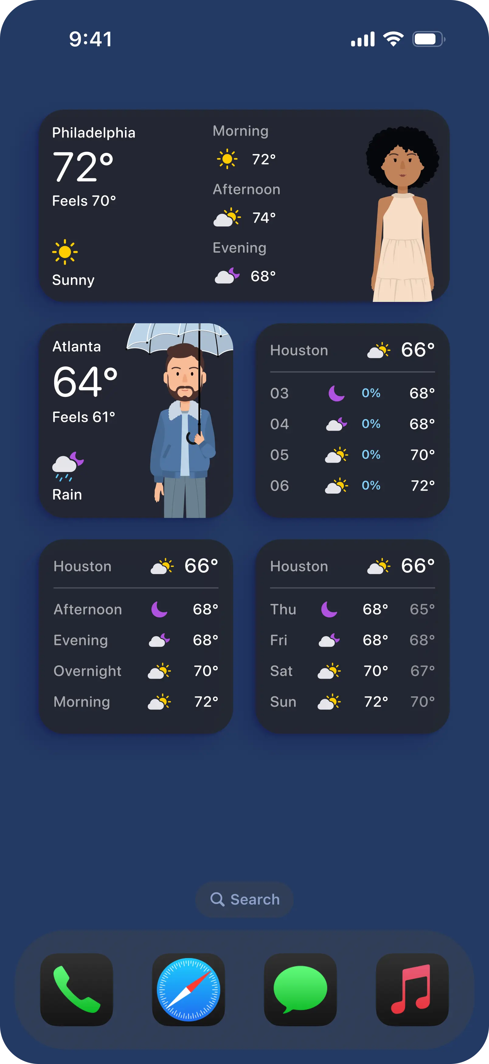 Weather Fit home screen widgets with character and forecast